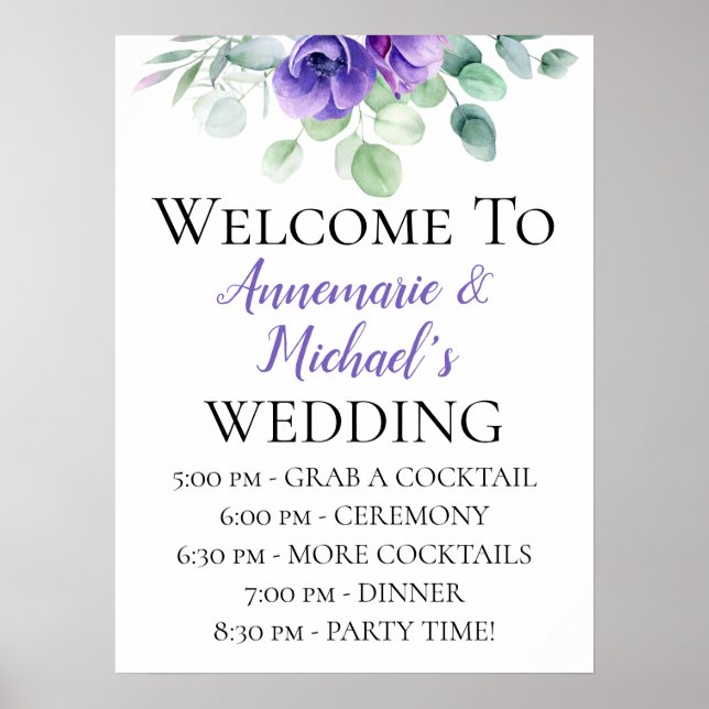 Poster Aquarelle violet Anémones Mariage Bienvenue (Devant)