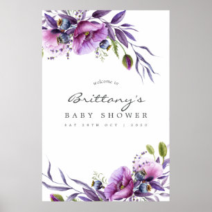 Poster Aquarelle Violet Poppy Baby shower Floral Bienvenu