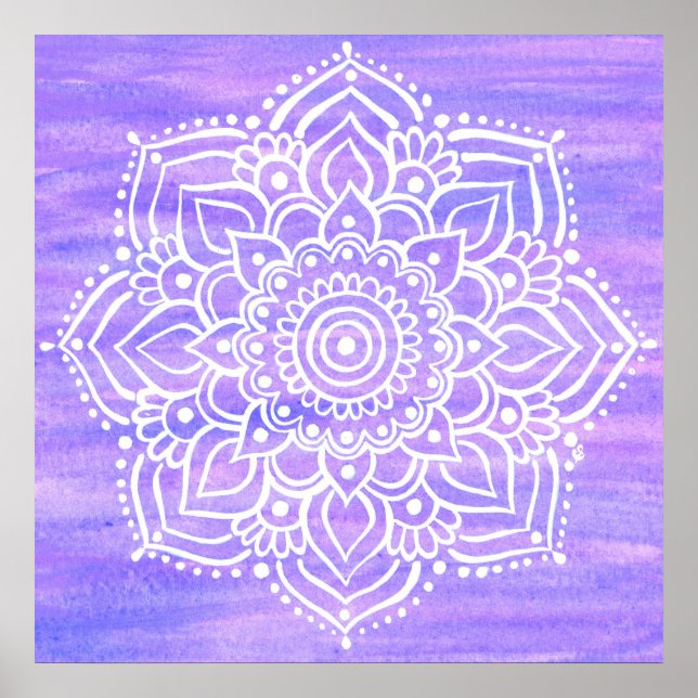 Poster Aquarelle violette blanche Mandala (Devant)
