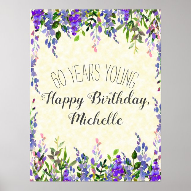 Poster Aquarelle violette Floral Jaune 60e anniversaire (Devant)