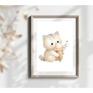 Poster Aquarelle Whimsical Cute Kitten Manger Crème de gl
