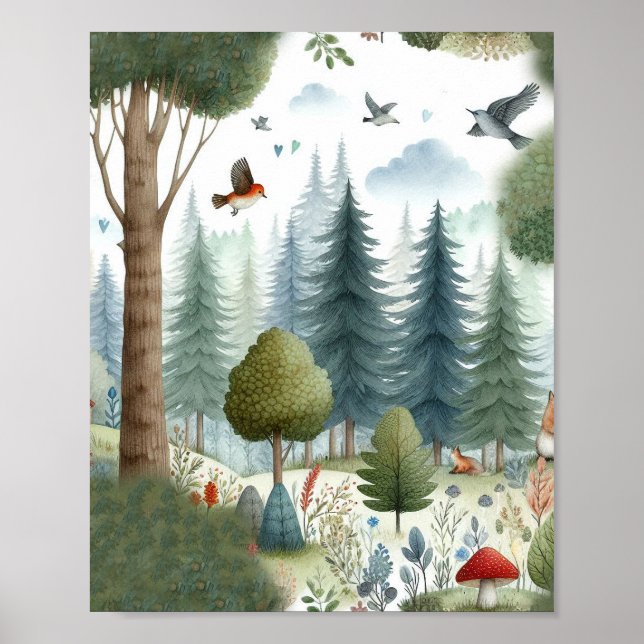 Poster Aquarelle Whimsical Forêt Animaux Enfants Nursery (Devant)