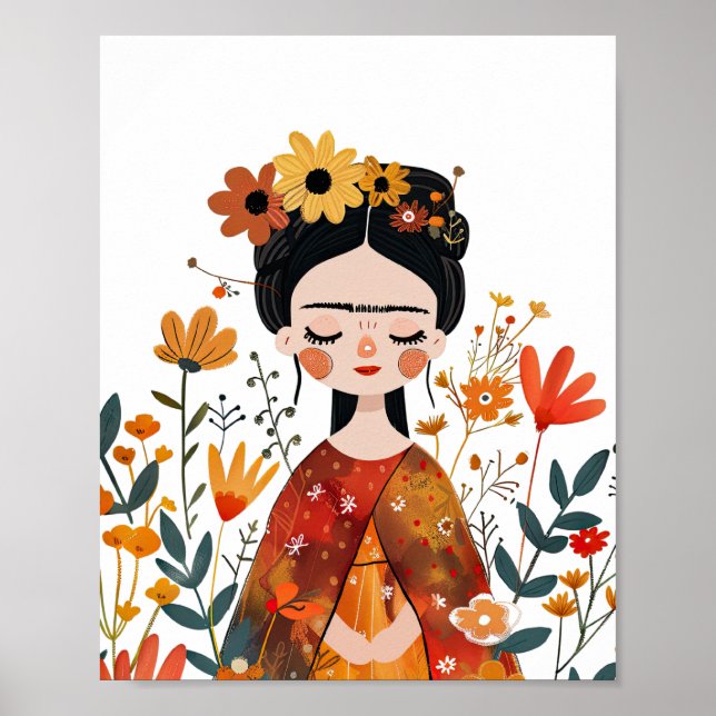 Poster Aquarelle Whimsical Frida Kahlo avec Fleurs (Devant)
