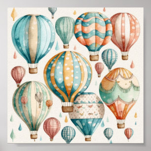 Poster Aquarelle Whimsical Hot Air Balloons Art Imprimer