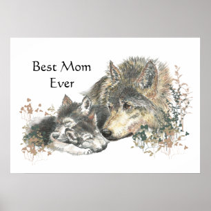 Poster Aquarelle Wolf & Cub Meilleure maman jamais