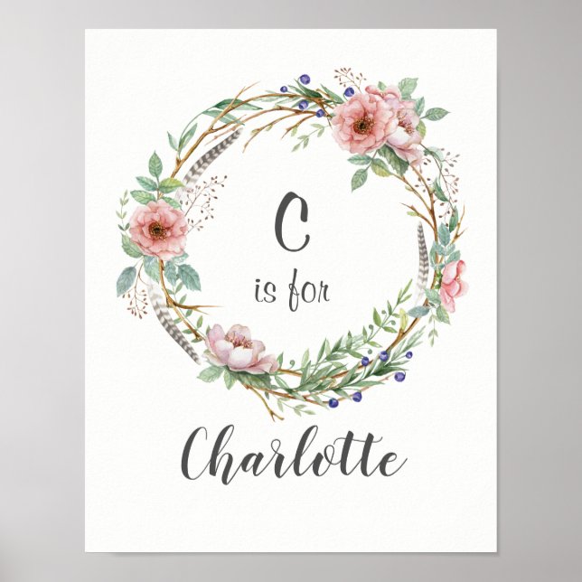 Poster Aquarelle Wreath avec fleurs et plumes roses (Devant)