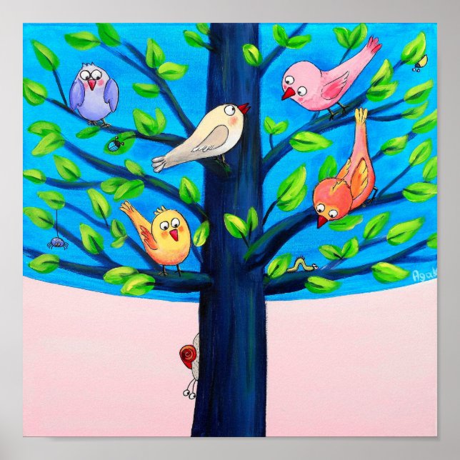 Poster Arbre à oiseaux | Oiseaux joyeux sur un arbre de n (Devant)