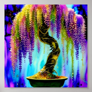 Poster Arbre bonsaï wisteria aquarelle