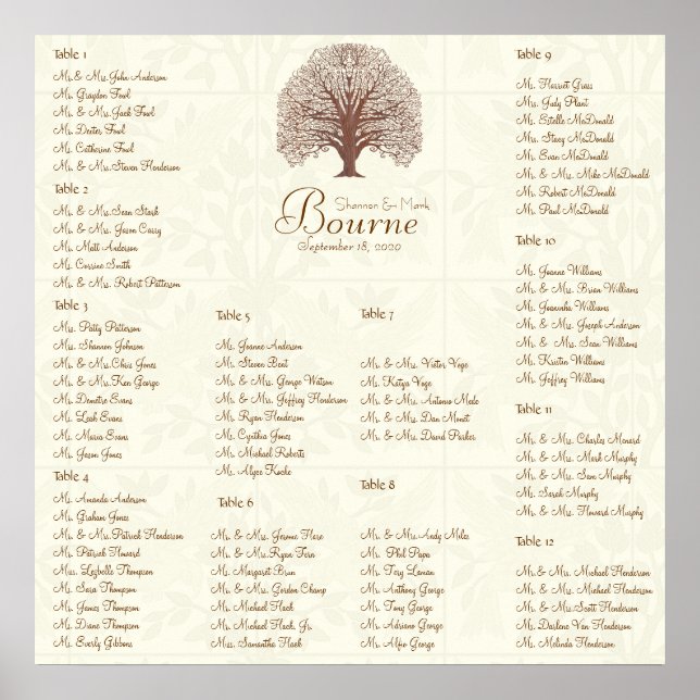 Poster Arbre Brown ivoire avec oiseaux 12 tables (Devant)