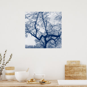Poster Arbre cerise en fleurs, Bleu Delfts