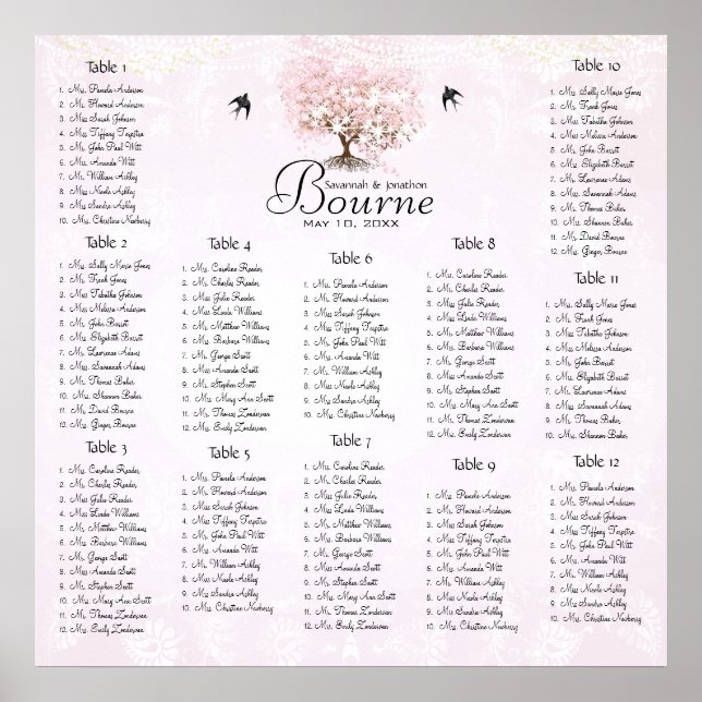 Poster Arbre d'amour oiseau de mariage simplement rose cœ (Devant)