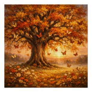 Poster Arbre d'automne avec papillons au lever du soleil