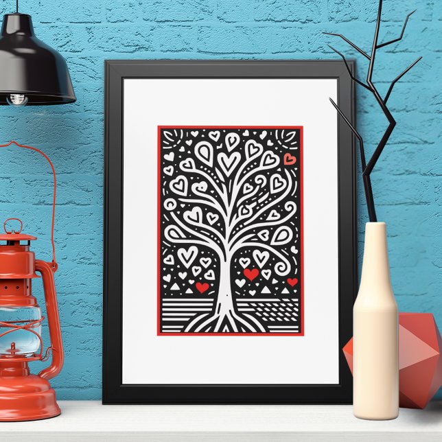 Poster Arbre de coeur de l'amour : Black & White Folk Art (Créateur téléchargé)