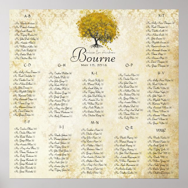 Poster Arbre de coeur jaune 100 à 150 invités alphabétiqu (Devant)