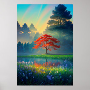 Poster Arbre de Crimson au milieu du défrichement foresti
