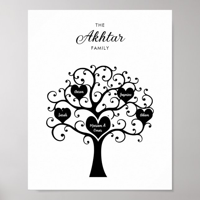 Poster Arbre de famille Coeur noir et blanc (Devant)