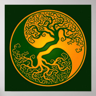 Poster Arbre de la vie vert d'or Yin Yang