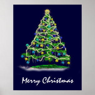Poster Arbre de Noël abstrait de style bohème sur le bleu