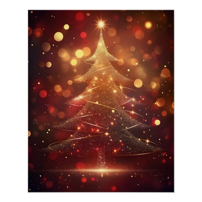 Poster Arbre de Noël avec art numérique tourbillon d'or (Devant)