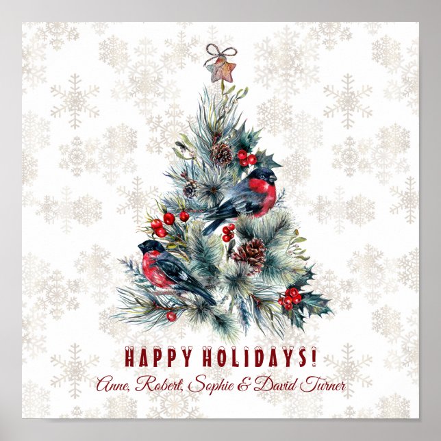 Poster Arbre de Noël Berries voeux de vacances Monogramme (Devant)