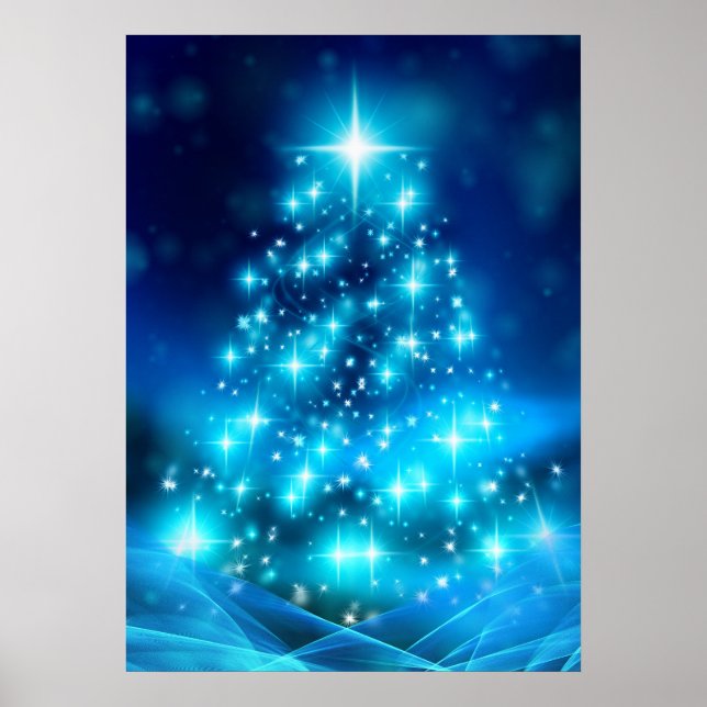 Poster Arbre de Noël bleu électrique moderne avec lumière (Devant)