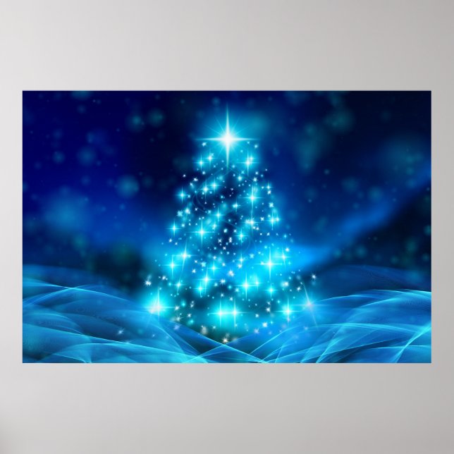 Poster Arbre de Noël bleu électrique moderne avec lumière (Devant)