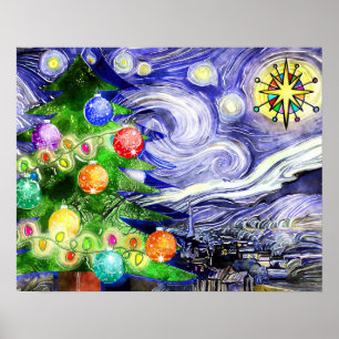 Poster Arbre de Noël étoilé Aquarelle