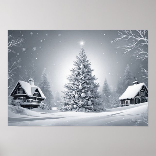 Poster Arbre de Noël neigeux Digital Christmas Wall Art (Devant)