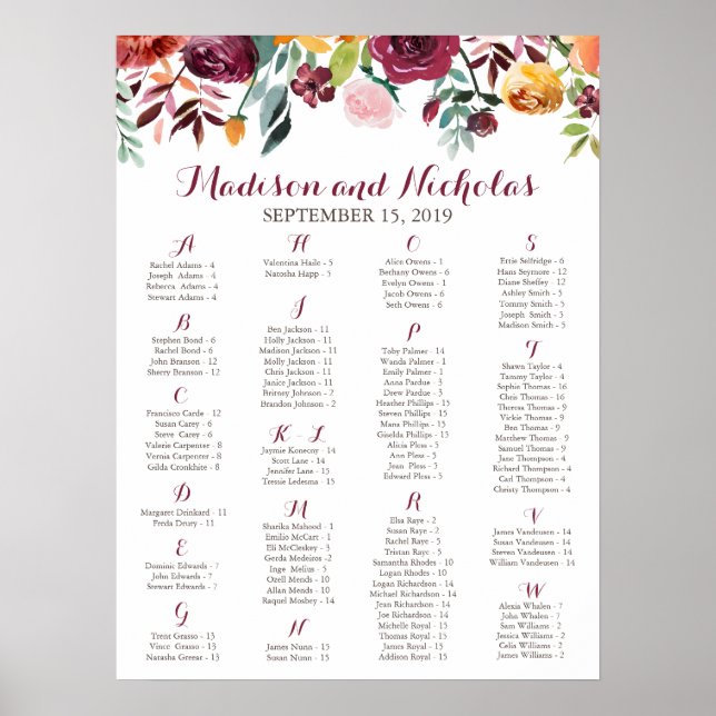 Poster Arbre de siège alphabétique à fleurs automnales ro (Devant)