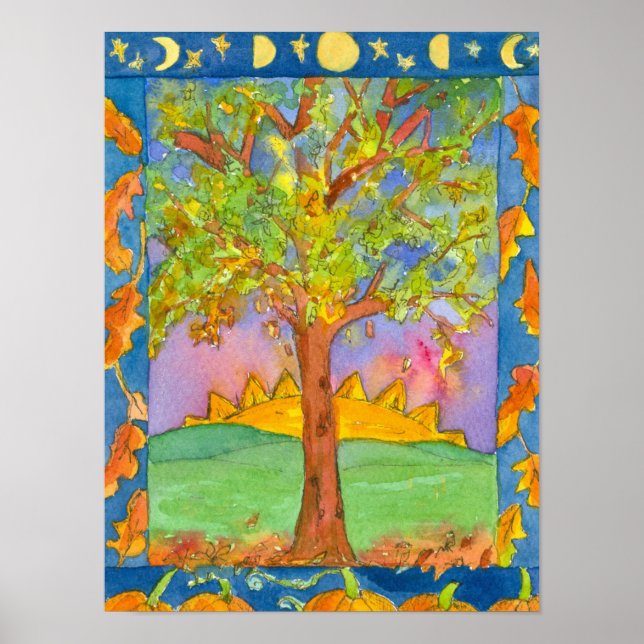 Poster Arbre de soleil d'automne Aquarelle Peinture paysa (Devant)