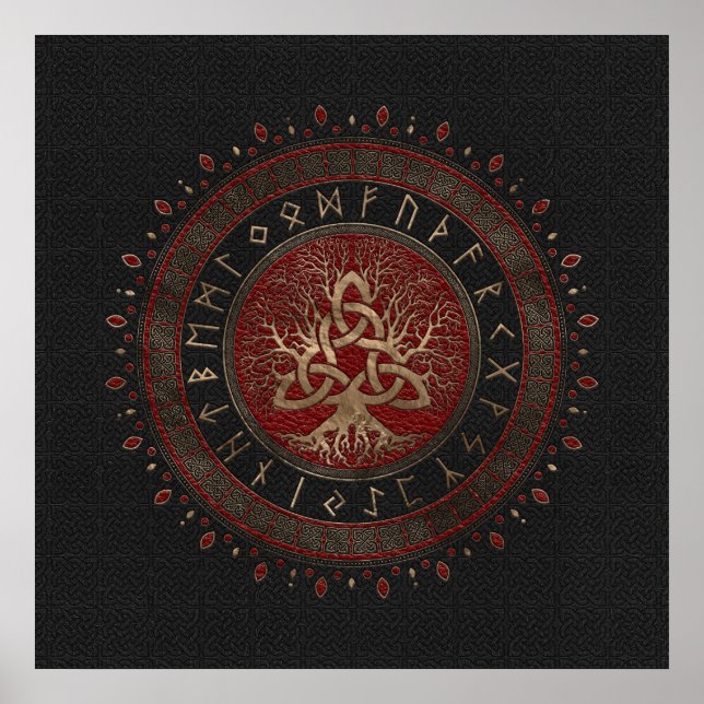 Poster Arbre de vie avec Triquetra Black Rouge cuir (Devant)