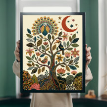Arbre de Vie Boho Art Populaire Paon Céleste
