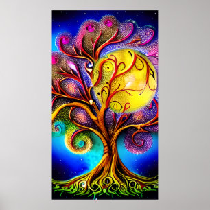 Poster Arbre de vie lunaire avec Pleine lune