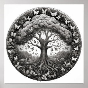 Poster Arbre de vie noir et blanc avec papillons