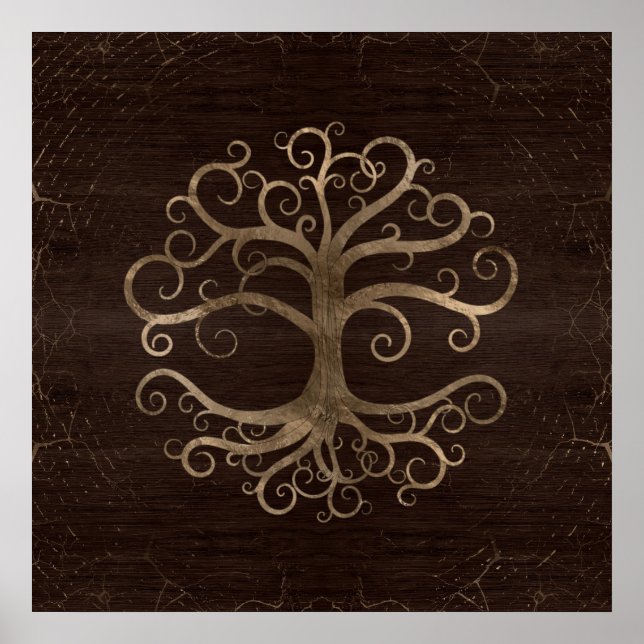 Poster Arbre de vie Or sur la texture en bois (Devant)