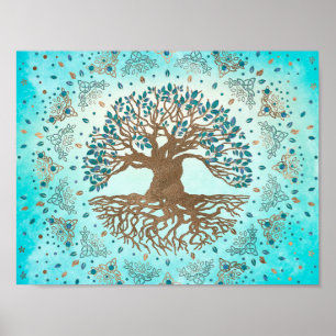 Poster Arbre de vie - Yggdrasil - Bleu doux