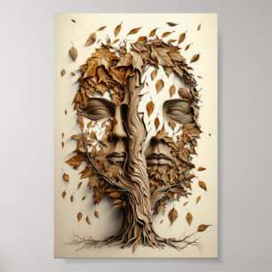 Poster Arbre D'Illusion Optique Face Avec Feuilles