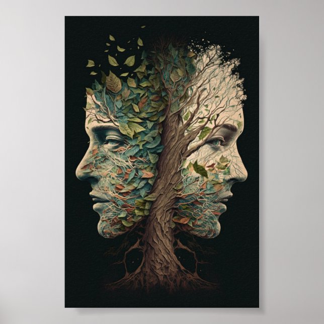 Poster Arbre D'Illusion Optique Face Avec Feuilles (Devant)