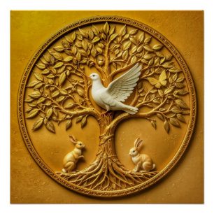 Poster Arbre d'or de la vie avec la colombe et les lapins