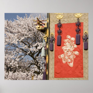 Poster Arbre en fleurs de cerisier et tapisserie de soie 