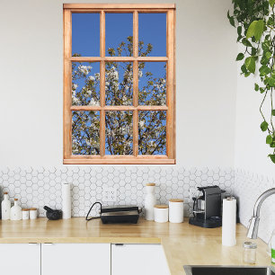 Poster Arbre en vue printanière à partir d'une fenêtre