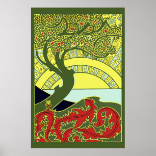 Poster Arbre et coucher de soleil Art Nouveau vintage par