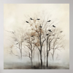 Poster Arbre et Oiseaux Toile d'art abstrait pour mur