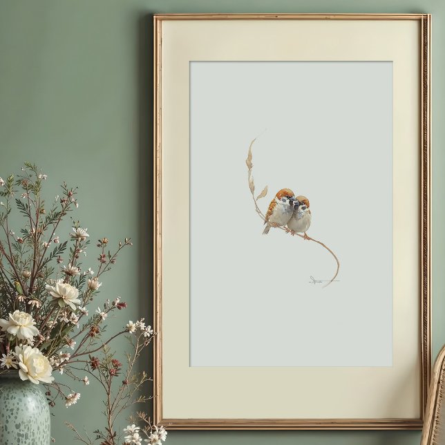 Poster Arbre Eurasien Doux Paire d'Aquarelle (Créateur téléchargé)