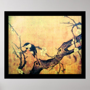 Poster ARBRE FLEURI DE PRINTEMPS OISEAU ET FLEUR Jaune Br