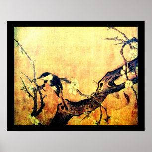 Poster ARBRE FLEURI ET OISEAU DE PRINTEMPS Jaune Brun Noi
