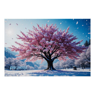 Poster Arbre fleuri surréaliste dans un paysage enneigé