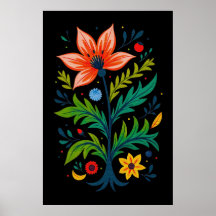 Arbre Floral Bohème Noir Lunatique Art Populaire