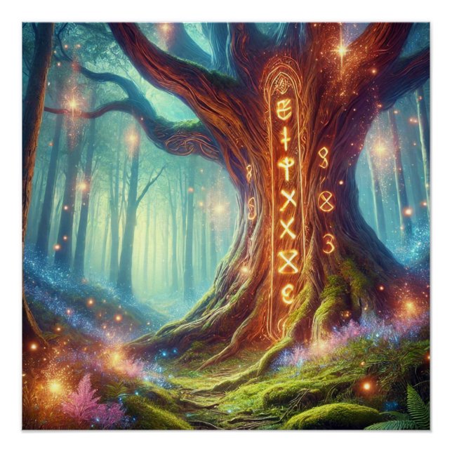 Poster Arbre forestier enchanté avec des runes brillantes (Devant)