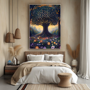 Poster Arbre forestier enchanté dans le style des Pointil